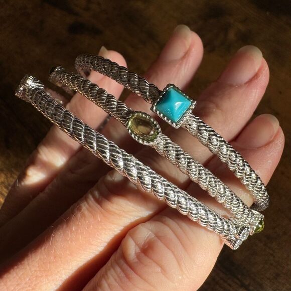 Judith Ripka Sterling Silver Roped Bangle Bracelets Gemstones Turquoise Peridot - Picture 4 of 8